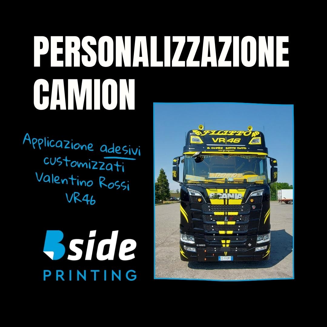 Personalizzazione camion grafiche adesive prespaziate allestimento Livrea Valentino Rossi x Scania S660