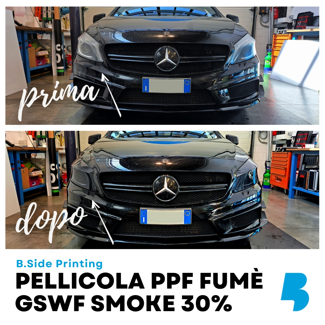 Oscuramento fari Mercedes Classe A 180 Pellicola PPF Fumè marca GSWF Smoke 30
